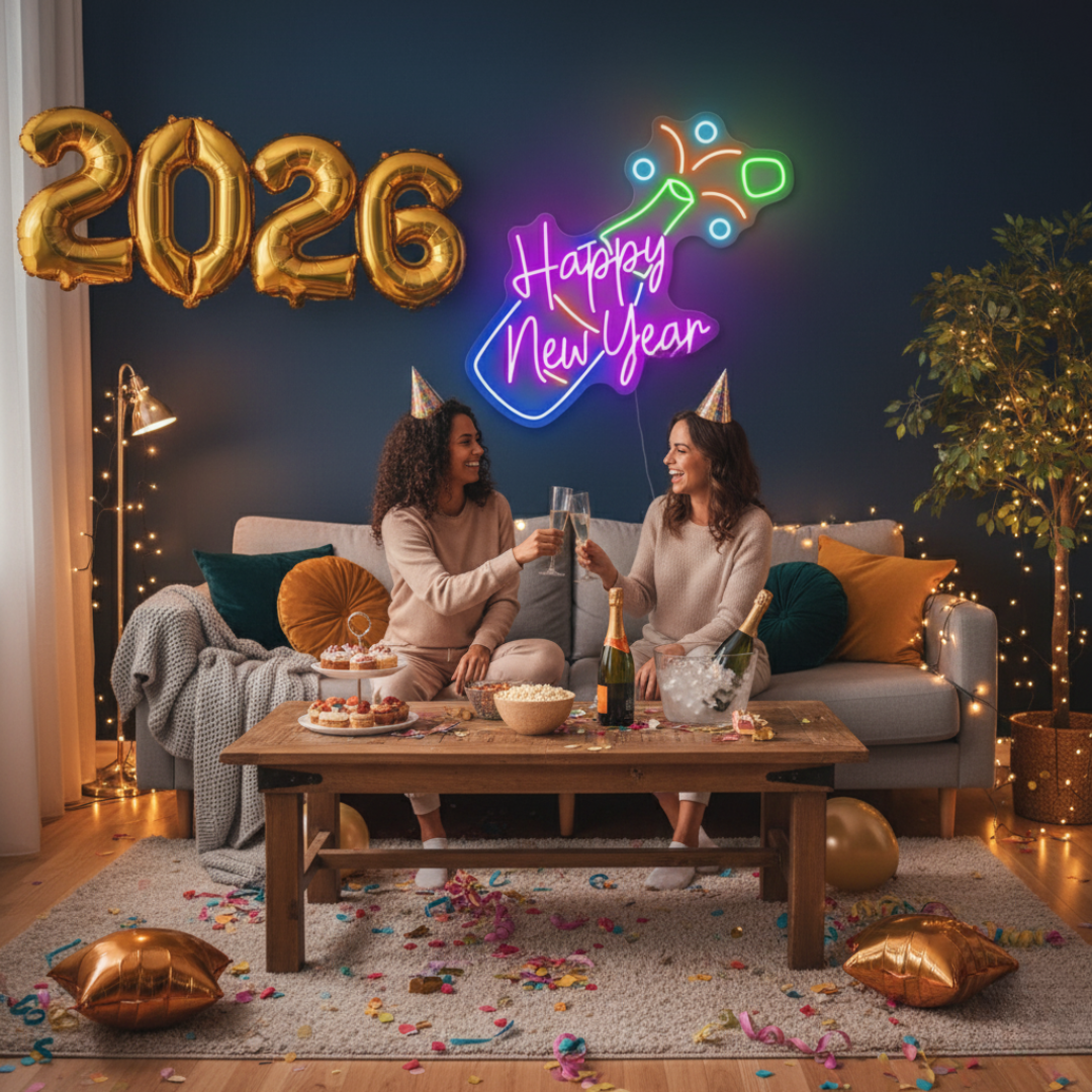 Happy New Year with Champagne LED Neon Sign by LEDNeons glowing in festive light, featuring a champagne glass design 