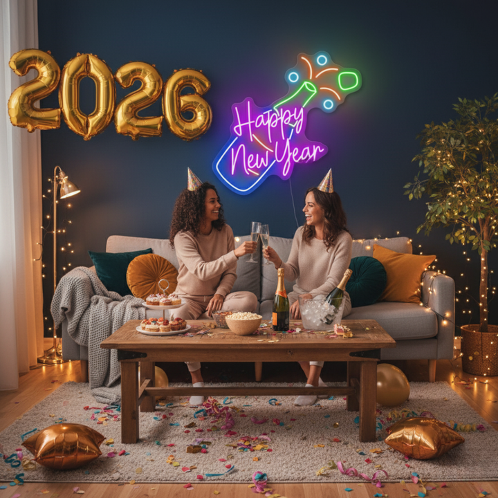 Happy New Year with Champagne LED Neon Sign by LEDNeons glowing in festive light, featuring a champagne glass design 