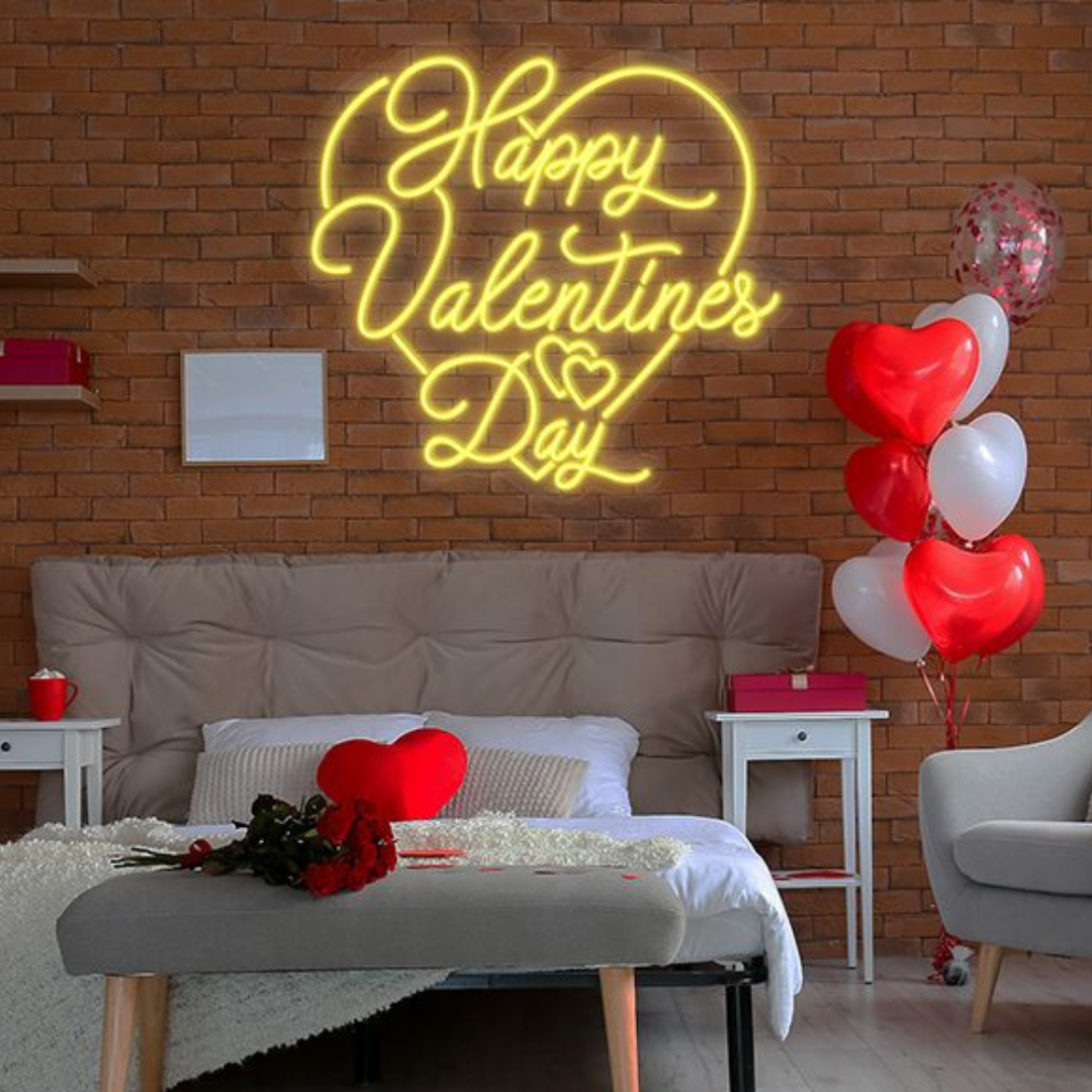 Happy Valentine's Day Neon Sign with glowing LED lights for Valentine's party decoration.