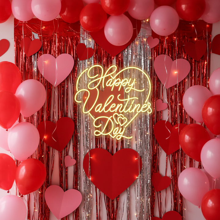 Happy Valentine's Day Neon Sign with glowing LED lights for Valentine's party decoration.