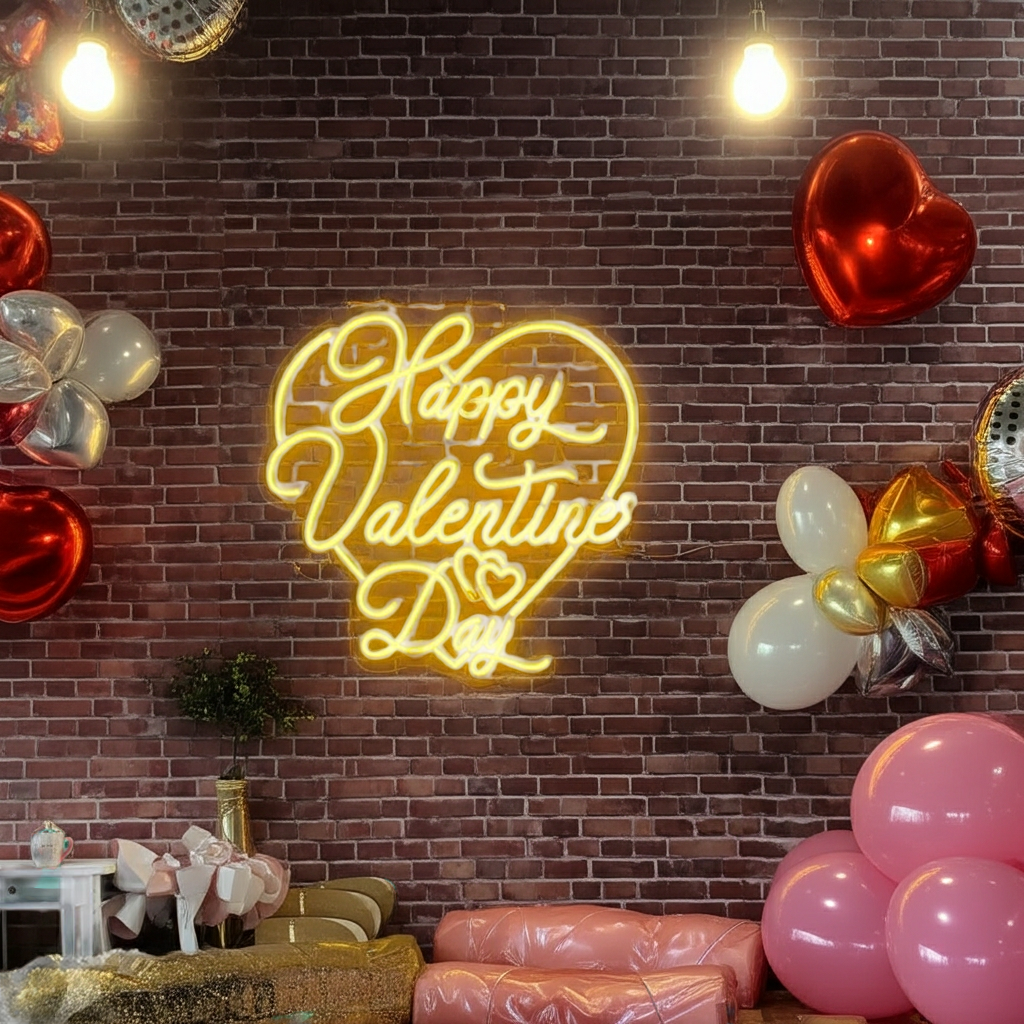 Happy Valentine's Day Neon Sign with glowing LED lights for Valentine's party decoration.