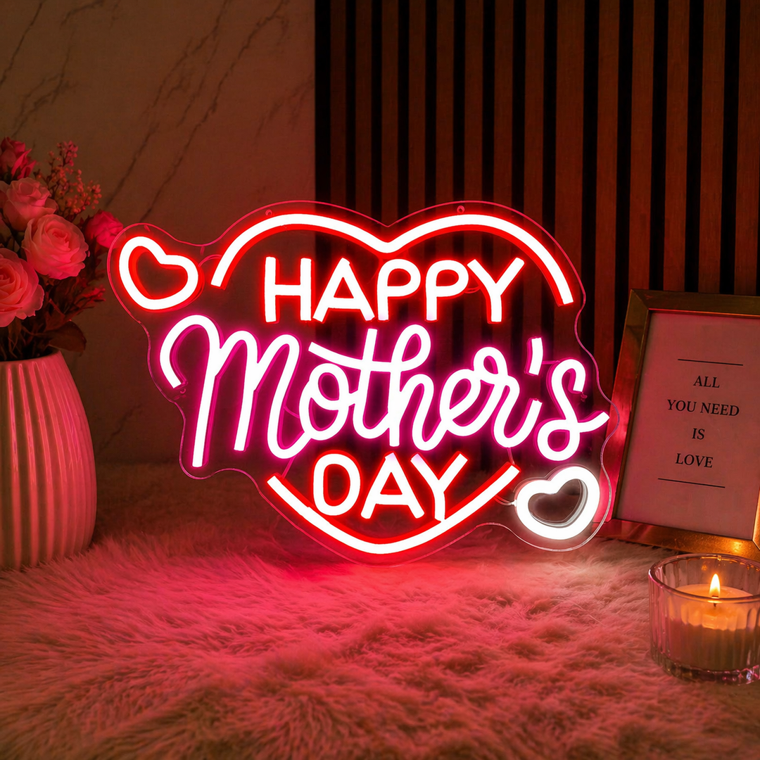 Glowing heart-shaped neon sign for Mother’s