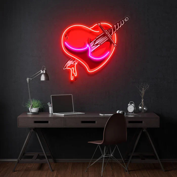 Heart Sword UV Art LED Neon Sign in pink and red color by LEDNeons - combining love and strength in a glowing design.