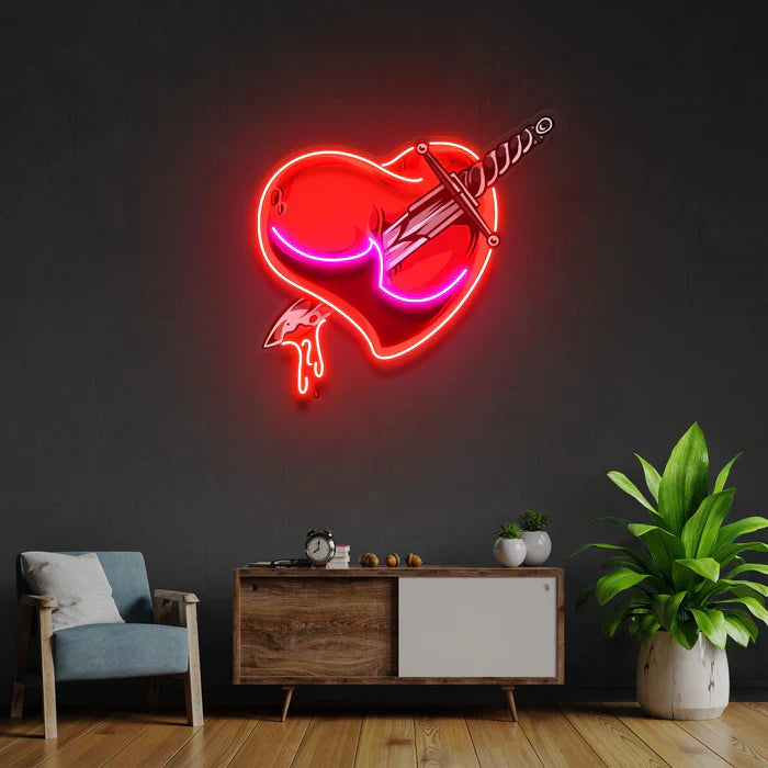 Heart Sword UV Art LED Neon Sign in pink and red color by LEDNeons - combining love and strength in a glowing design.