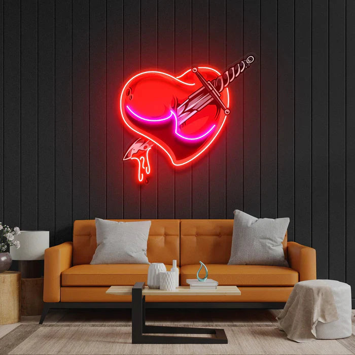 Heart Sword UV Art LED Neon Sign in pink and red color by LEDNeons - combining love and strength in a glowing design.