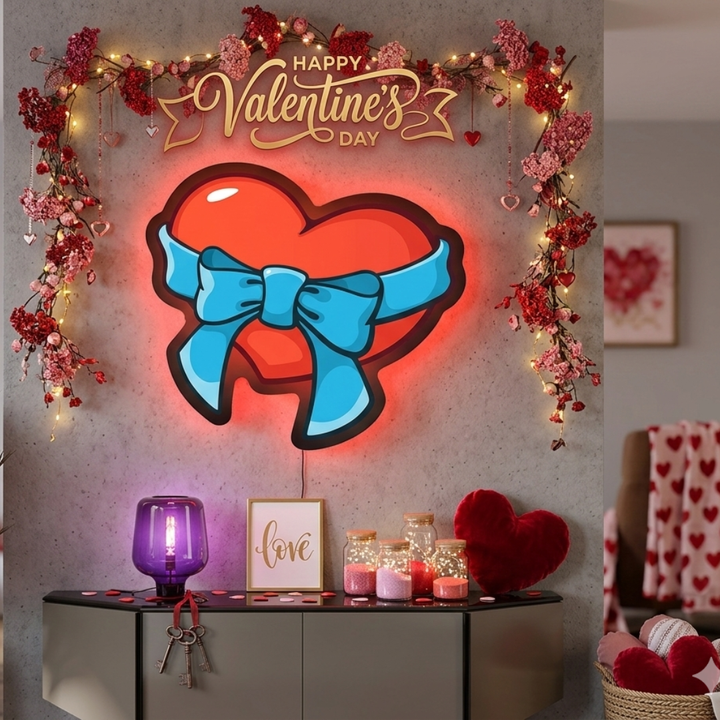 Heart With Ribbon Bow Printed Valentine's Day Neon Sign by LEDNeons - ideal for romantic gifts, proposals, and date nights