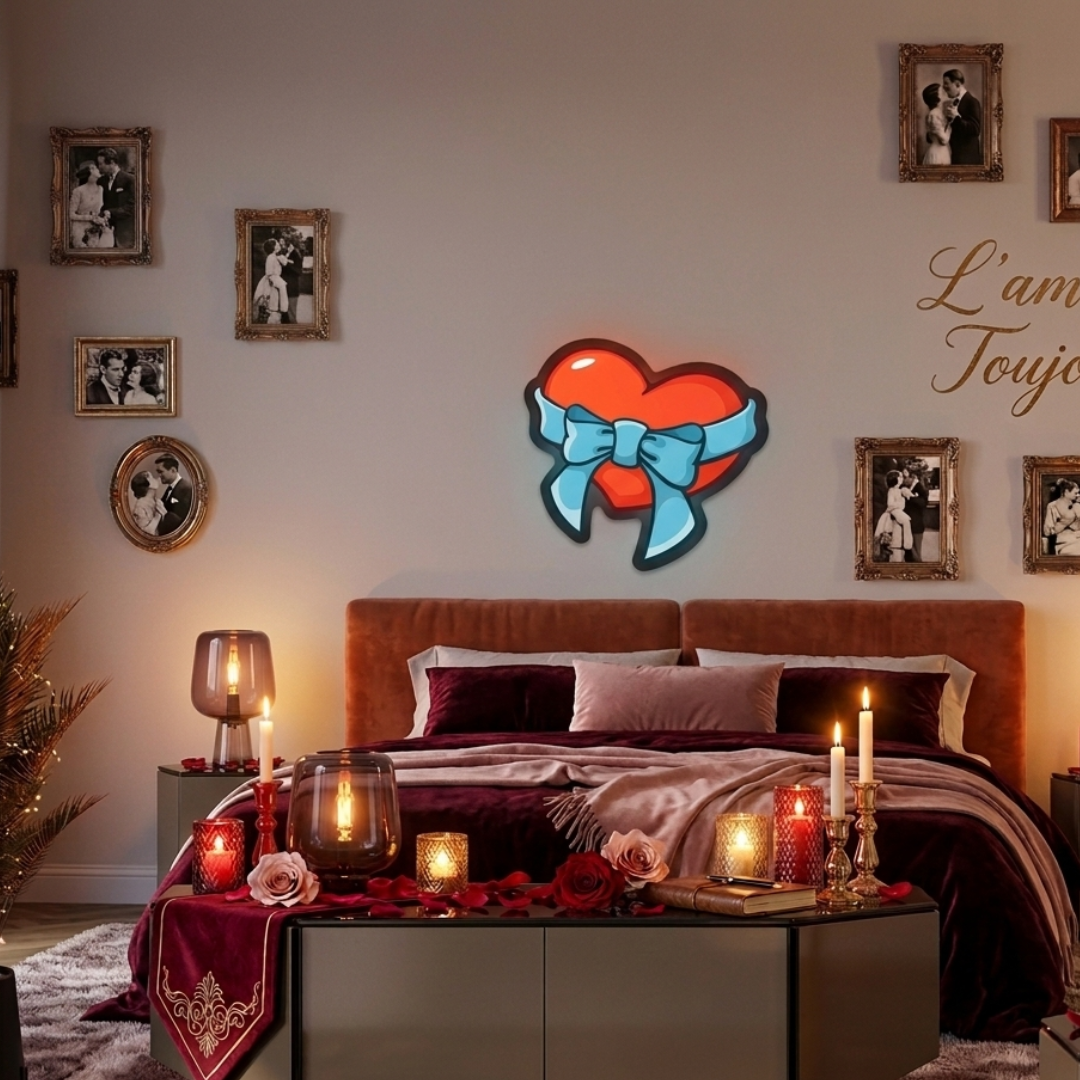 Heart With Ribbon Bow Printed Valentine's Day Neon Sign by LEDNeons - ideal for romantic gifts, proposals, and date nights
