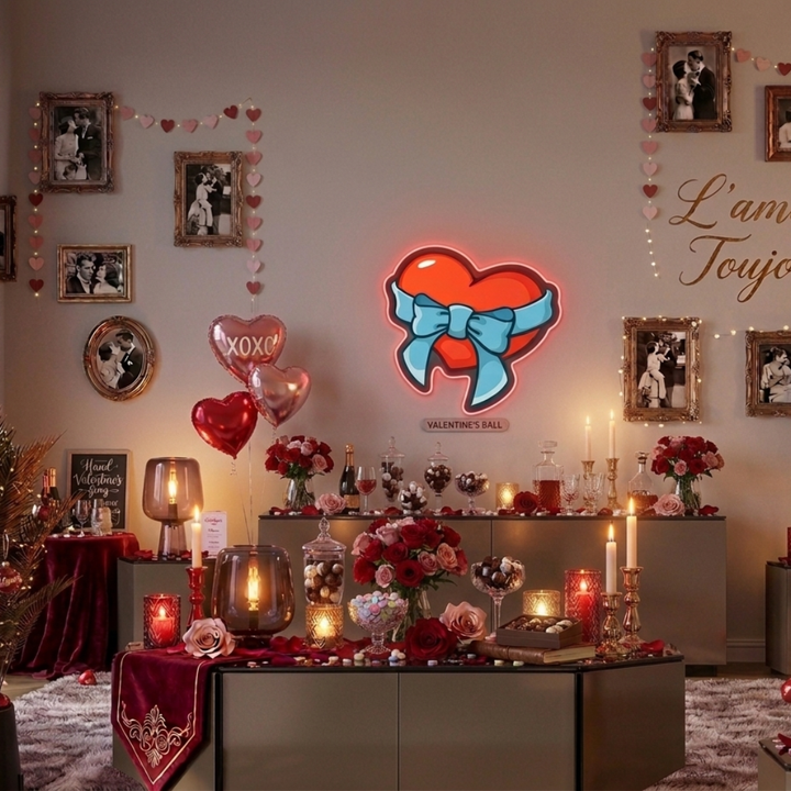 Heart With Ribbon Bow Printed Valentine's Day Neon Sign by LEDNeons - ideal for romantic gifts, proposals, and date nights