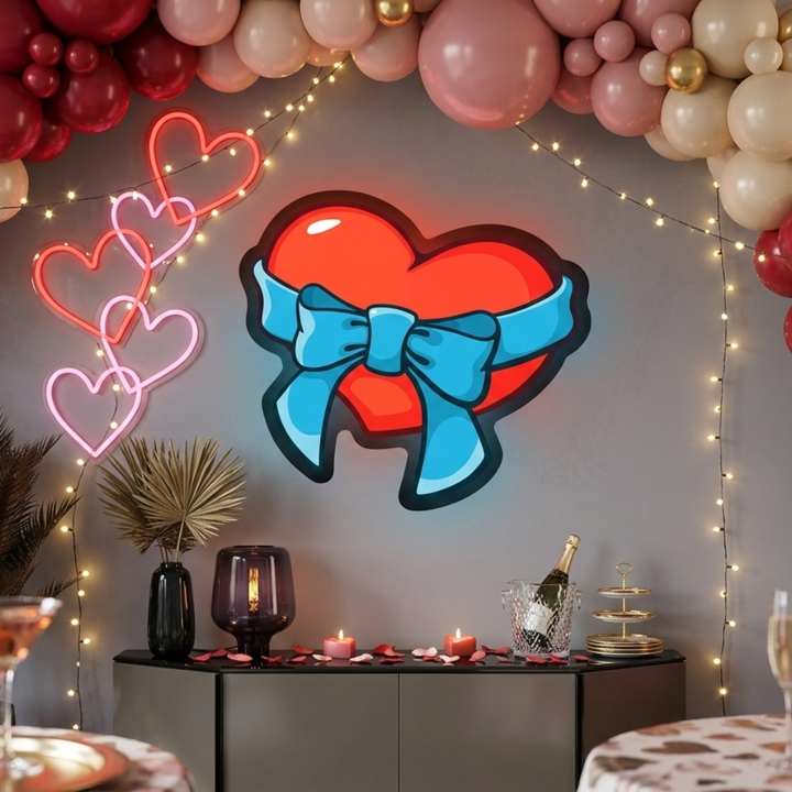 Heart With Ribbon Bow Printed Valentine's Day Neon Sign by LEDNeons - ideal for romantic gifts, proposals, and date nights
