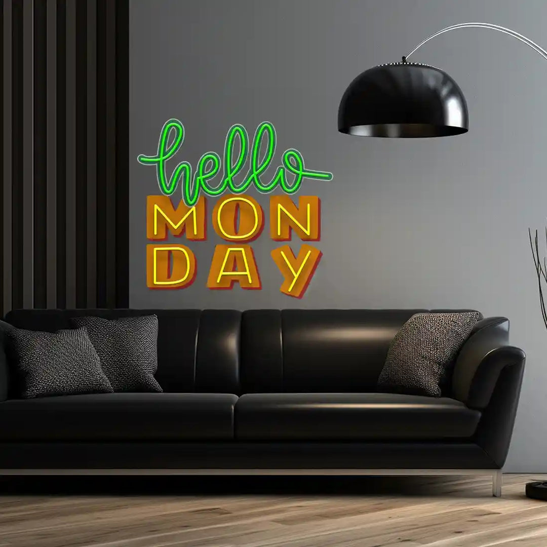 Hello Monday UV Art LED Neon Sign in green and yellow color by LEDNeons - perfect for uplifting interiors.