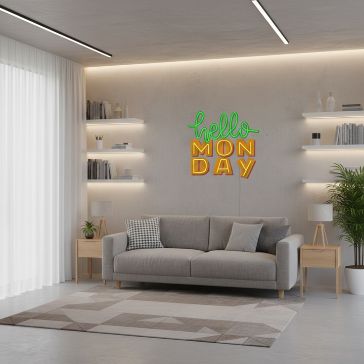 Hello Monday UV Art LED Neon Sign in green and yellow color by LEDNeons - perfect for uplifting interiors.