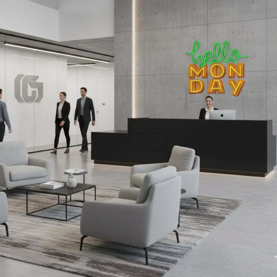 Hello Monday UV Art LED Neon Sign in green and yellow color by LEDNeons - perfect for uplifting interiors.