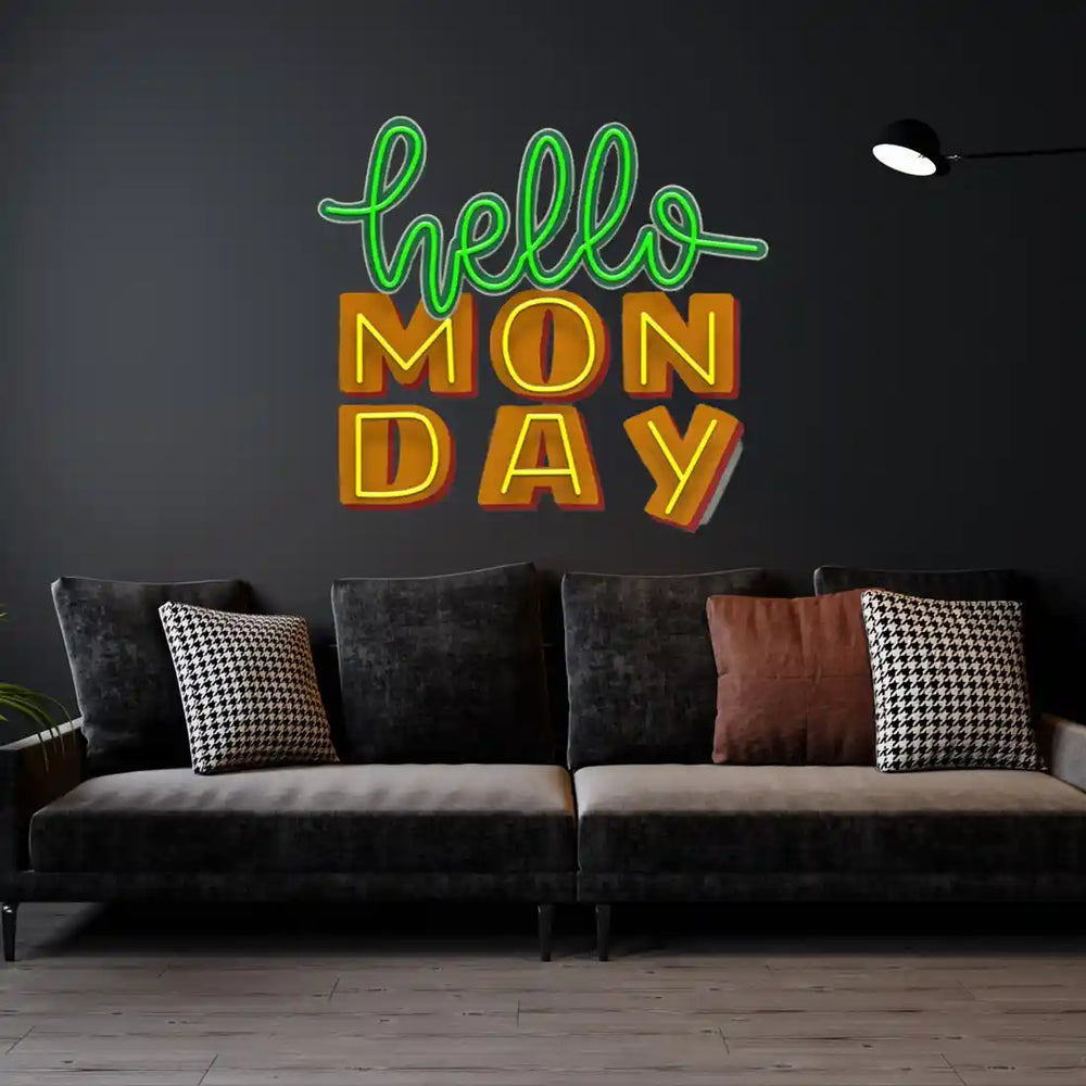 Hello Monday UV Art LED Neon Sign in green and yellow color by LEDNeons - perfect for uplifting interiors.