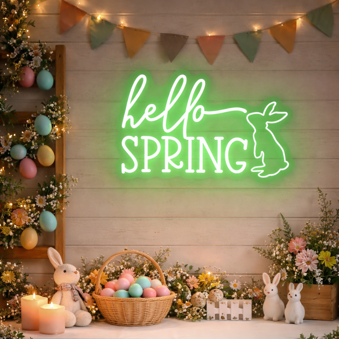 Hello Spring Easter neon sign glowing on wall for festive spring décor by LEDNeons
