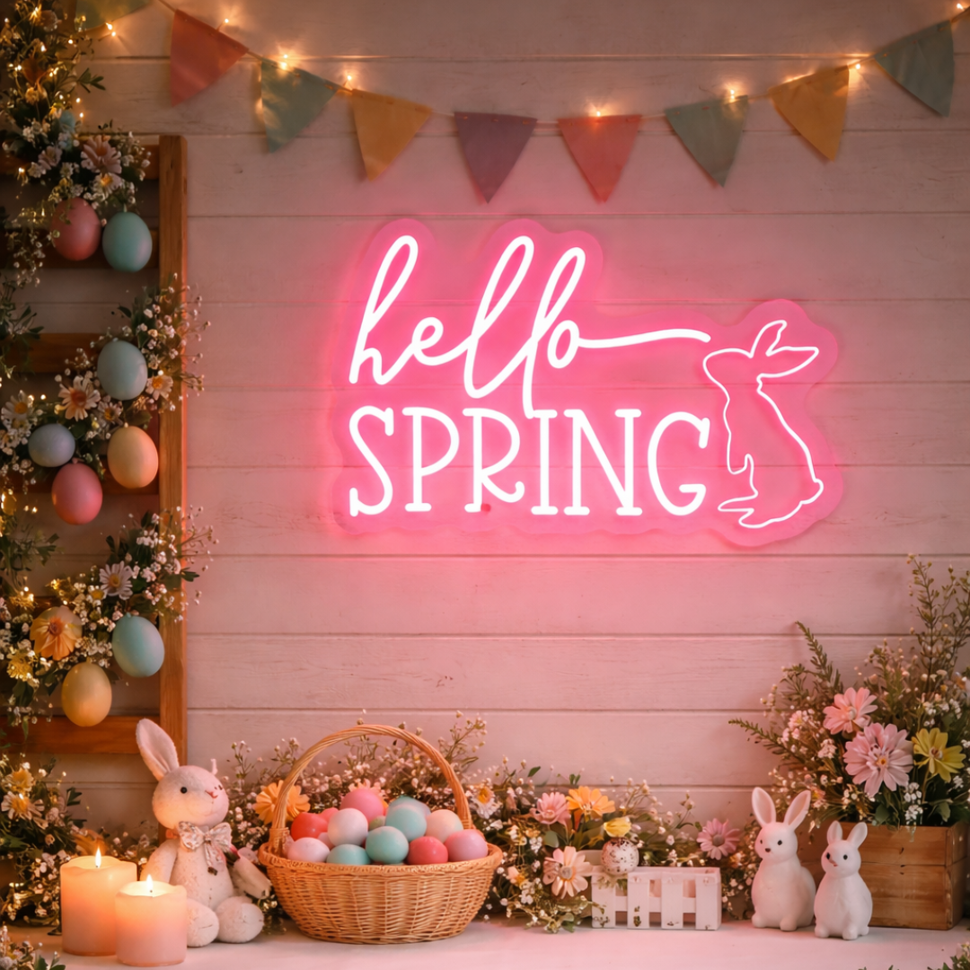 Hello Spring Easter neon sign glowing on wall for festive spring décor by LEDNeons