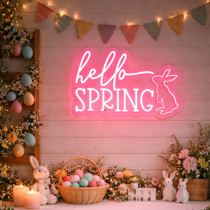 Hello Spring Easter neon sign glowing on wall for festive spring décor by LEDNeons