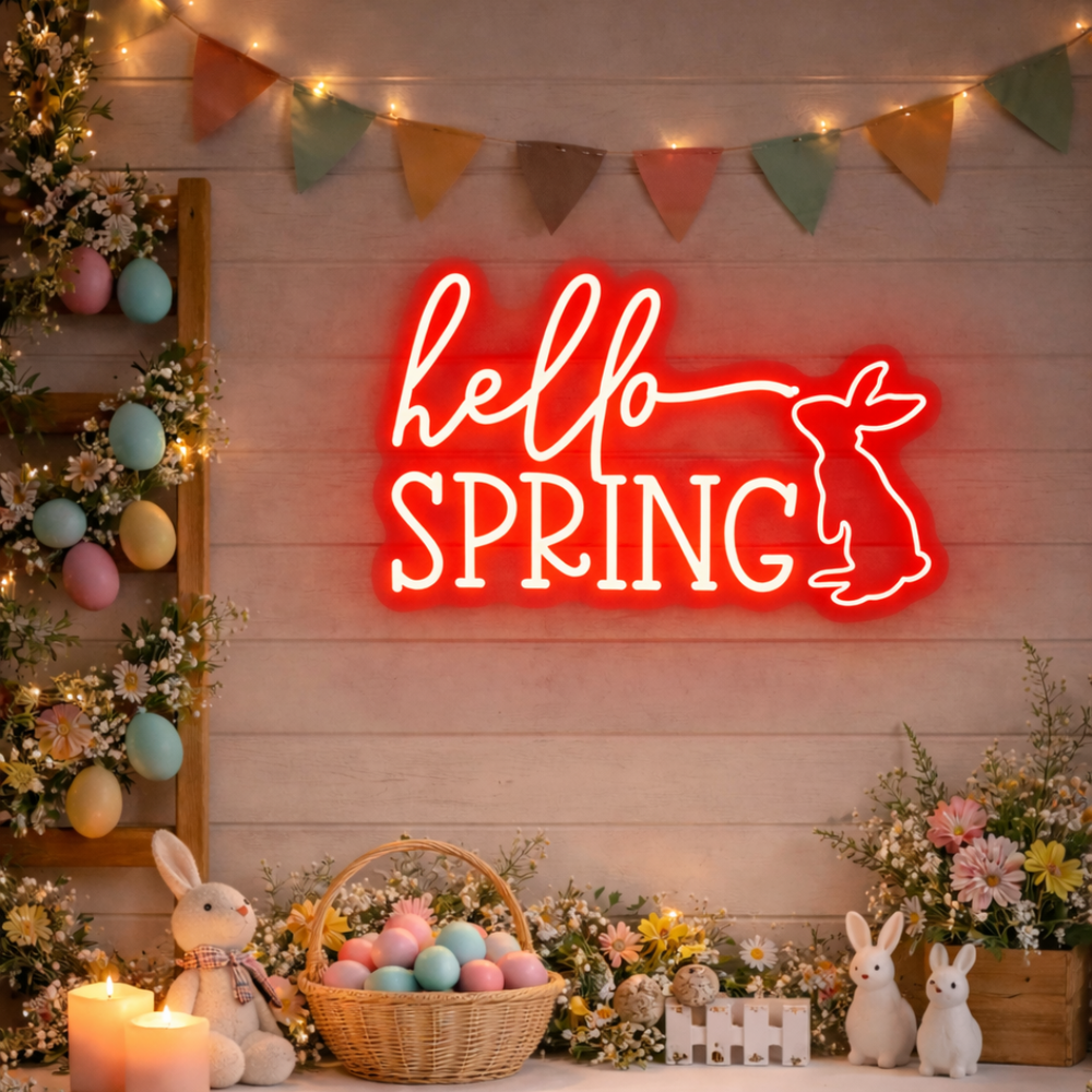 Hello Spring Easter neon sign glowing on wall for festive spring décor by LEDNeons