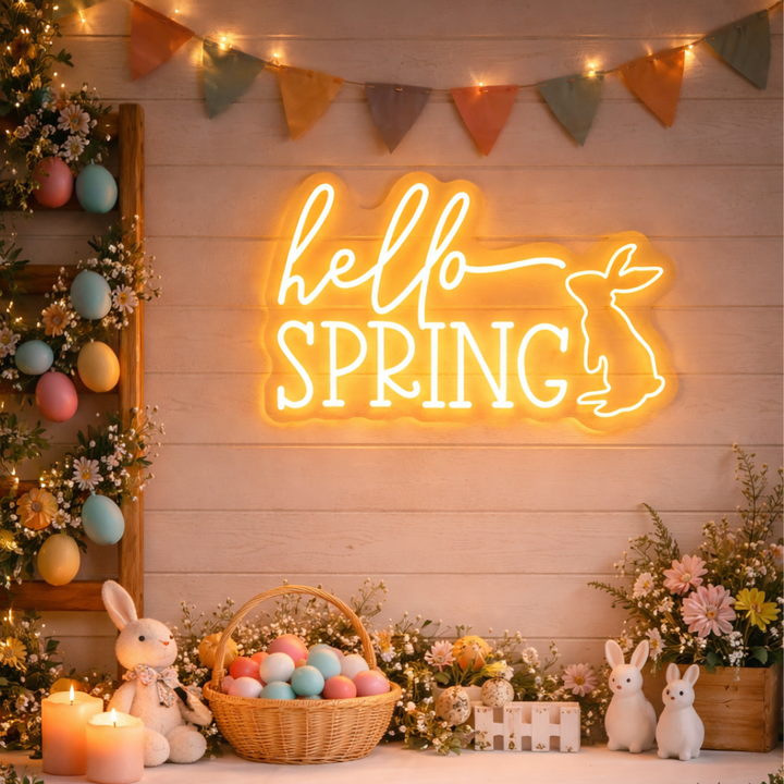 Hello Spring Easter neon sign glowing on wall for festive spring décor by LEDNeons