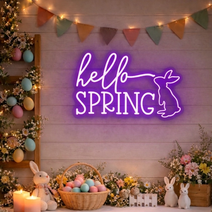 Hello Spring Easter neon sign glowing on wall for festive spring décor by LEDNeons