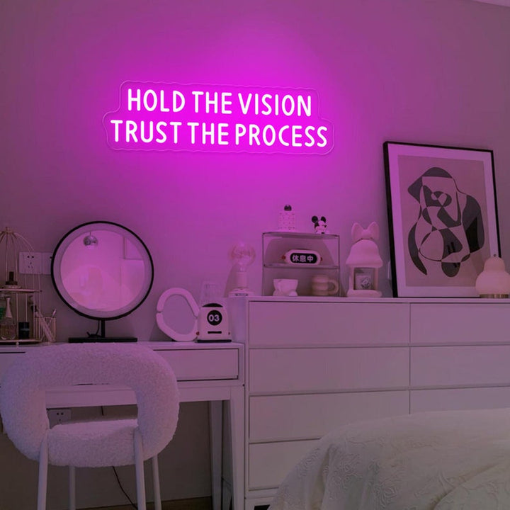 Hold The Vision Trust The Process motivational LED Neon Sign by LEDNeons, glowing inspirational wall light for home, office, or studio décor.