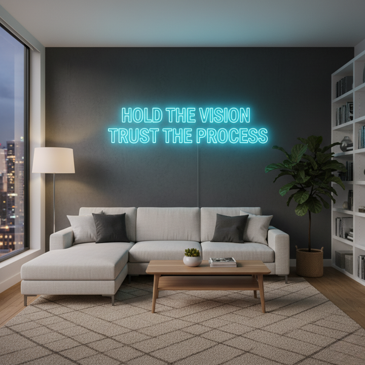 Hold The Vision Trust The Process motivational LED Neon Sign by LEDNeons, glowing inspirational wall light for home, office, or studio décor.