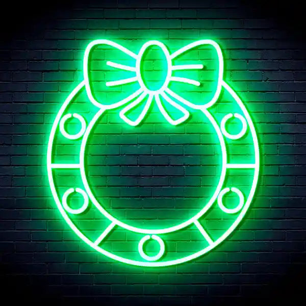 Holly Wreath with Ribbon Bow Merry Christmas Neon Sign by LEDNeon's - Add a festive touch to your décor with this holly wreath neon sign.