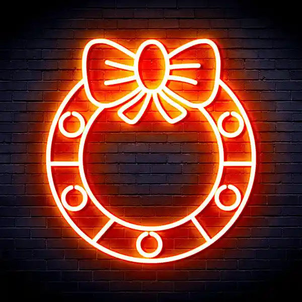 Holly Wreath with Ribbon Bow Merry Christmas Neon Sign by LEDNeon's - Add a festive touch to your décor with this holly wreath neon sign.