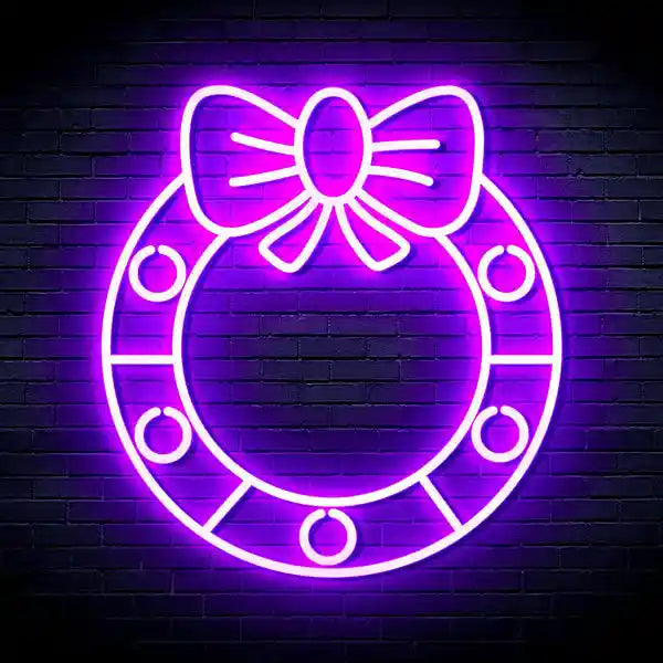 Holly Wreath with Ribbon Bow Merry Christmas Neon Sign by LEDNeon's - Add a festive touch to your décor with this holly wreath neon sign.
