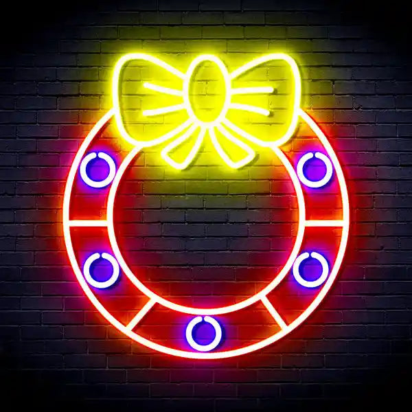 Holly Wreath with Ribbon Bow Merry Christmas Neon Sign by LEDNeon's - Add a festive touch to your décor with this holly wreath neon sign.