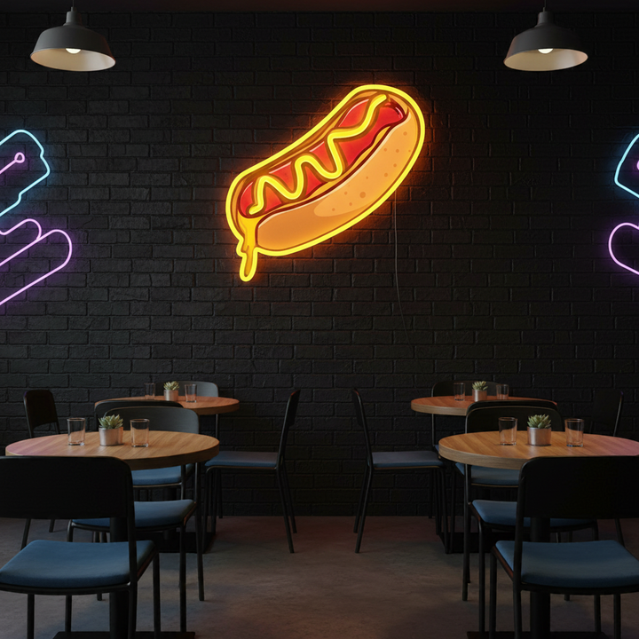Hot Dog UV Light Neon Artwork by LEDNeons - a glowing neon design showcasing a delicious hot dog