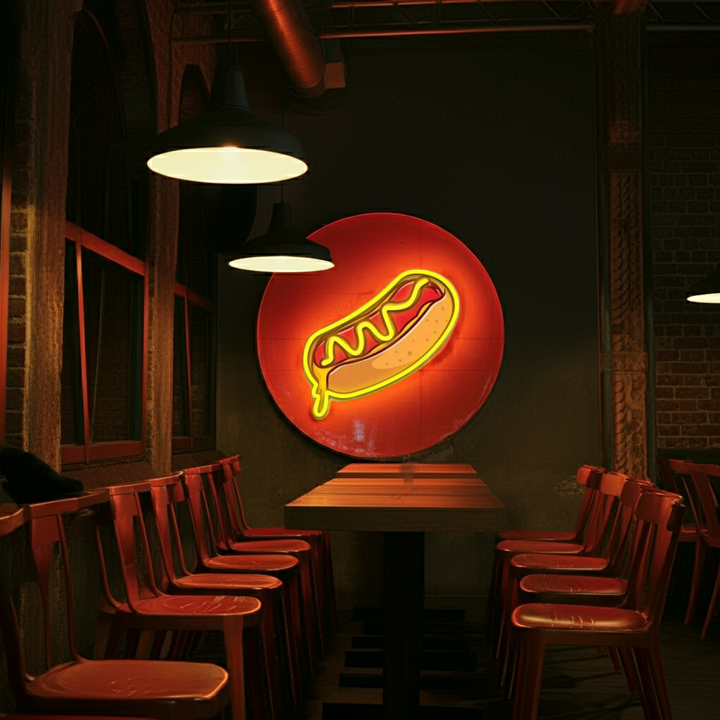 Hot Dog UV Light Neon Artwork by LEDNeons - a glowing neon design showcasing a delicious hot dog