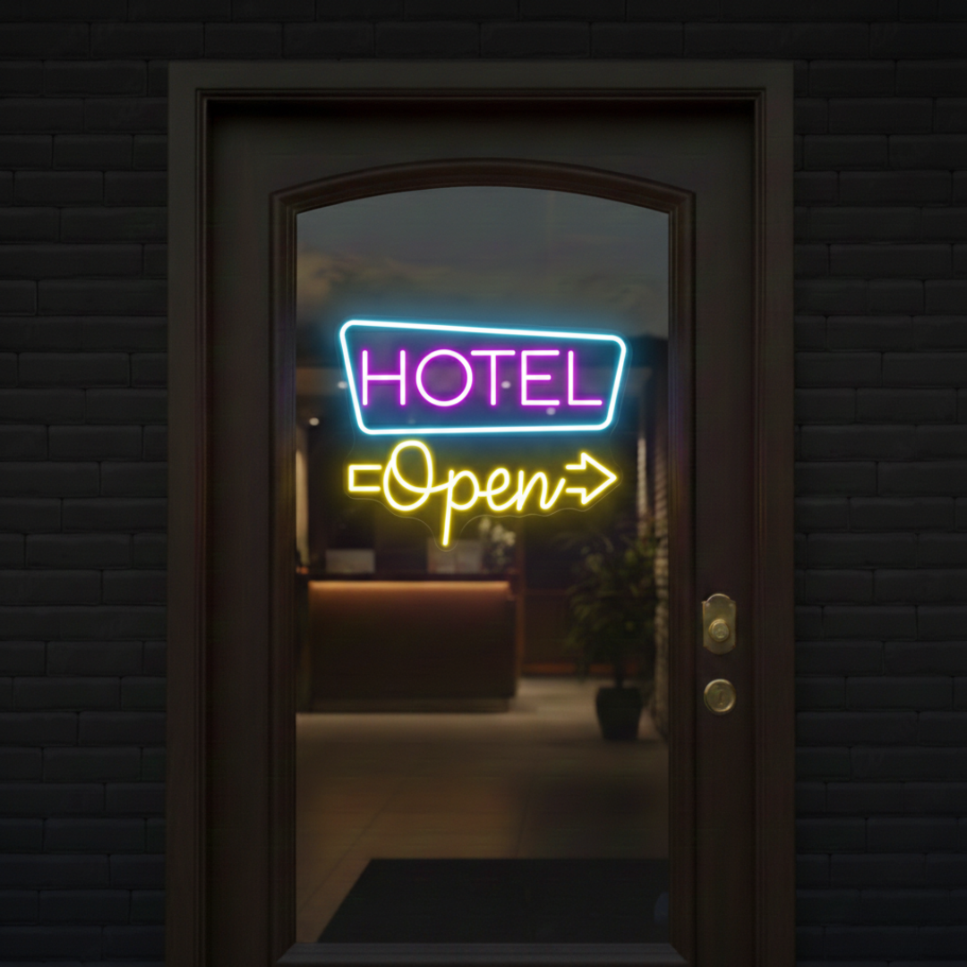 Hotel Open Business Neon Sign by LEDNeons - glowing Neon Sign for hotel entrance to attract the Customers 