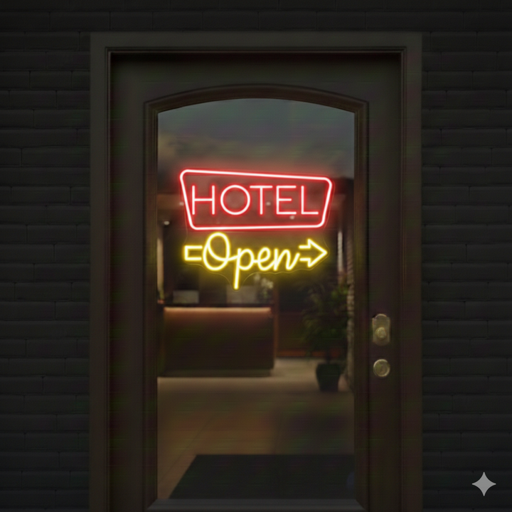 Hotel Open Business Neon Sign by LEDNeons - glowing Neon Sign for hotel entrance to attract the Customers 