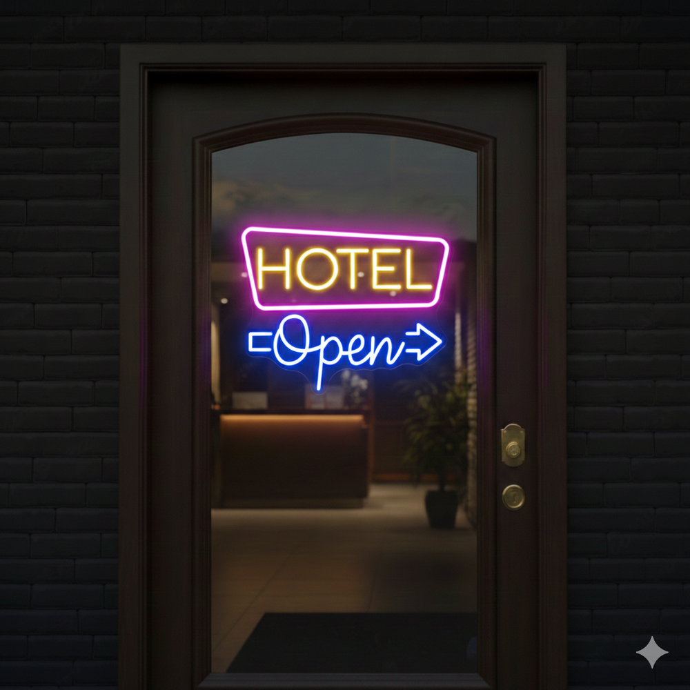 Hotel Open Business Neon Sign by LEDNeons - glowing Neon Sign for hotel entrance to attract the Customers 