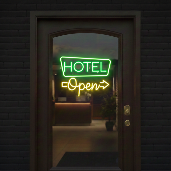 Hotel Open Business Neon Sign by LEDNeons - glowing Neon Sign for hotel entrance to attract the Customers 