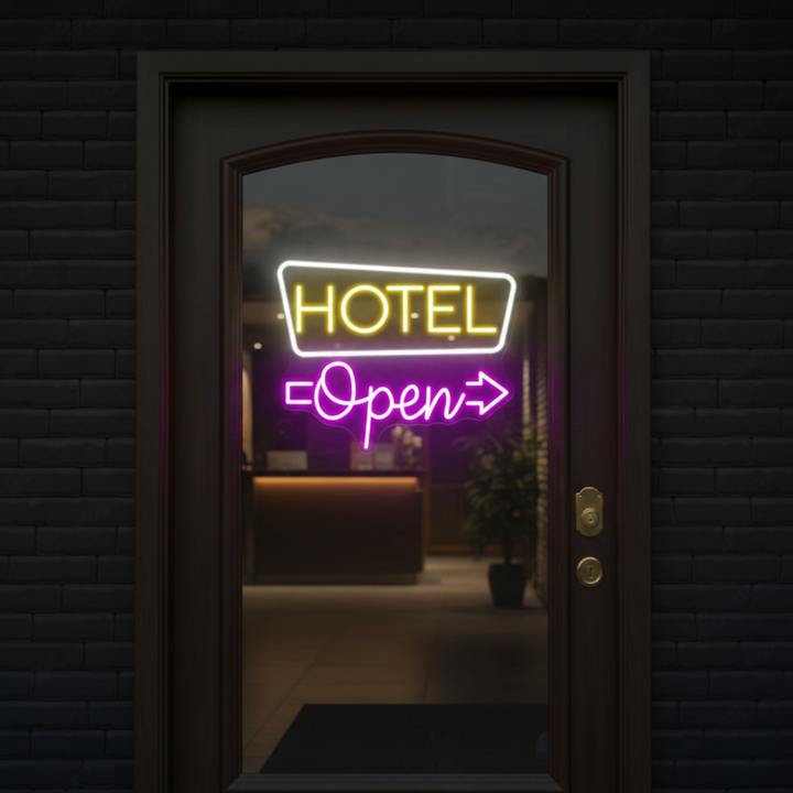 Hotel Open Business Neon Sign by LEDNeons - glowing Neon Sign for hotel entrance to attract the Customers 