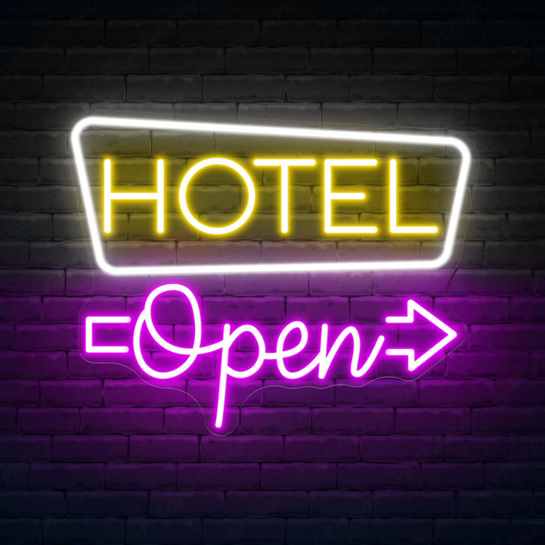 Hotel Open Business Neon Sign by LEDNeons - glowing Neon Sign for hotel entrance to attract the Customers 