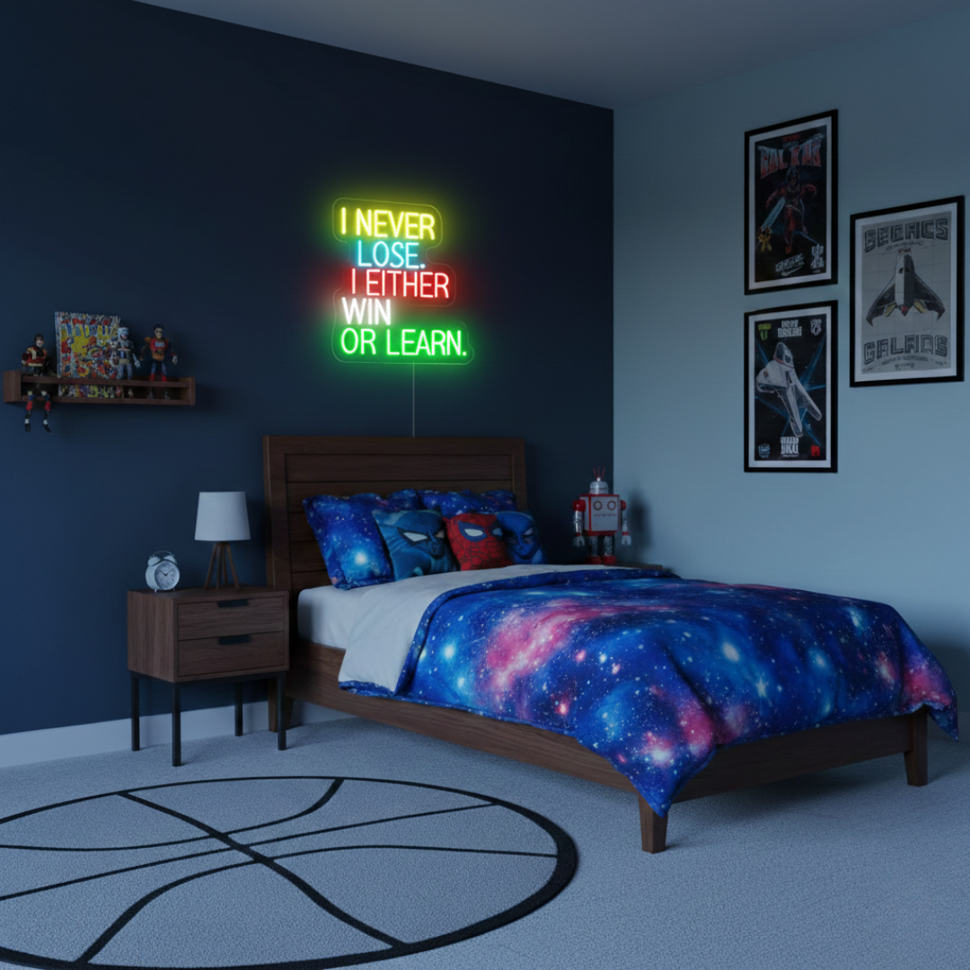 I Never Lose I Either Win Or Learn motivational LED Neon Sign by LEDNeons, glowing inspirational wall light for home, gym, or office décor.