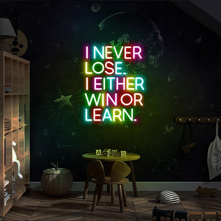 I Never Lose I Either Win Or Learn motivational LED Neon Sign by LEDNeons, glowing inspirational wall light for home, gym, or office décor.