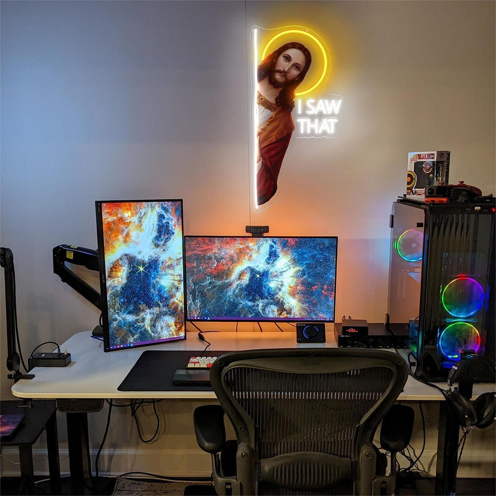 I Saw That  God" LED neon sign by LEDNeons - Glowing on a wall, featuring playful script text, adding a humorous and spiritual touch to home decor.