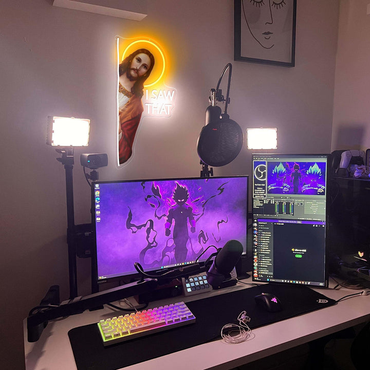 I Saw That  God" LED neon sign by LEDNeons - Glowing on a wall, featuring playful script text, adding a humorous and spiritual touch to home decor.