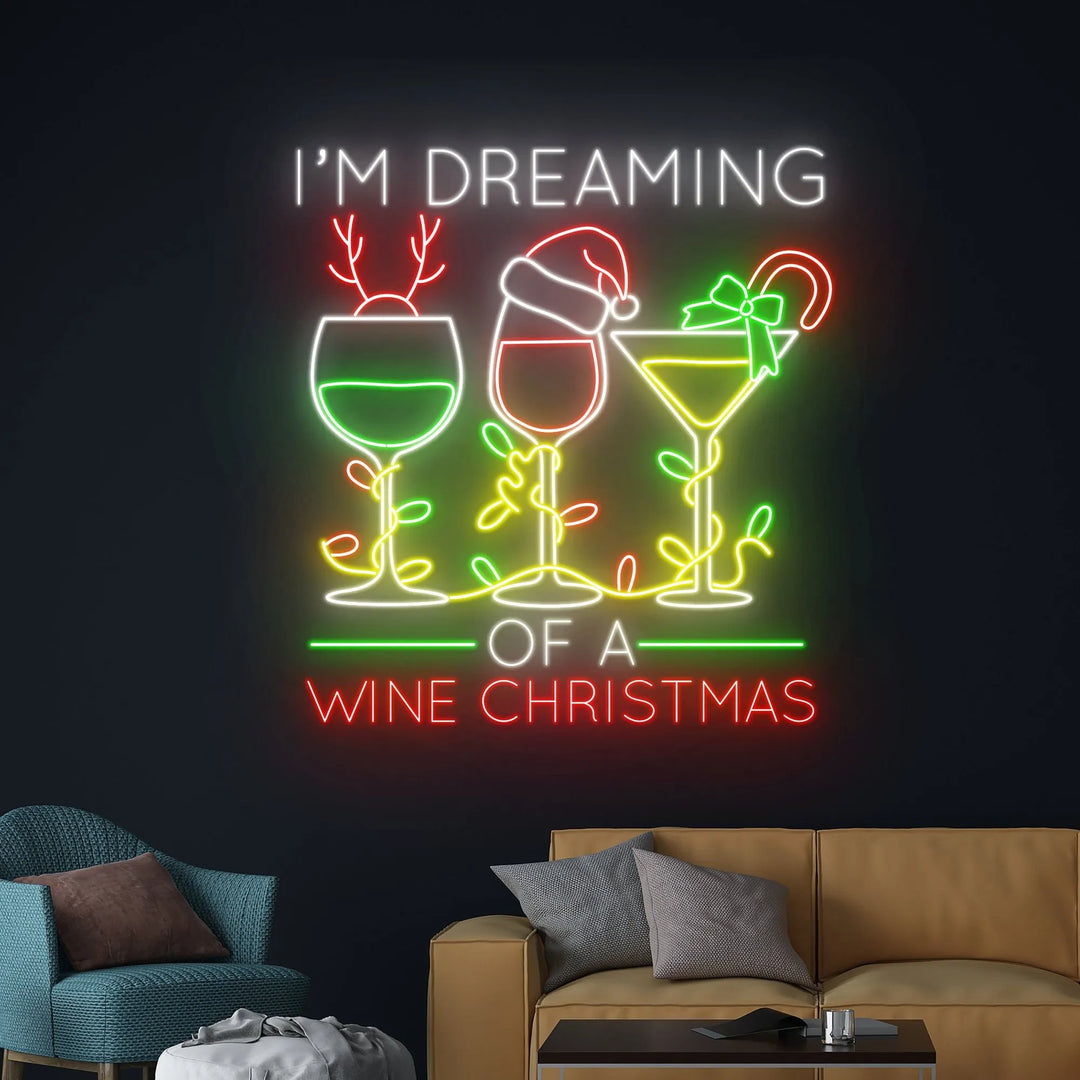 I'm Dreaming of a Wine Christmas Neon Sign by LEDNeons - glowing in bright neon colors for a cheerful Christmas decoration.
