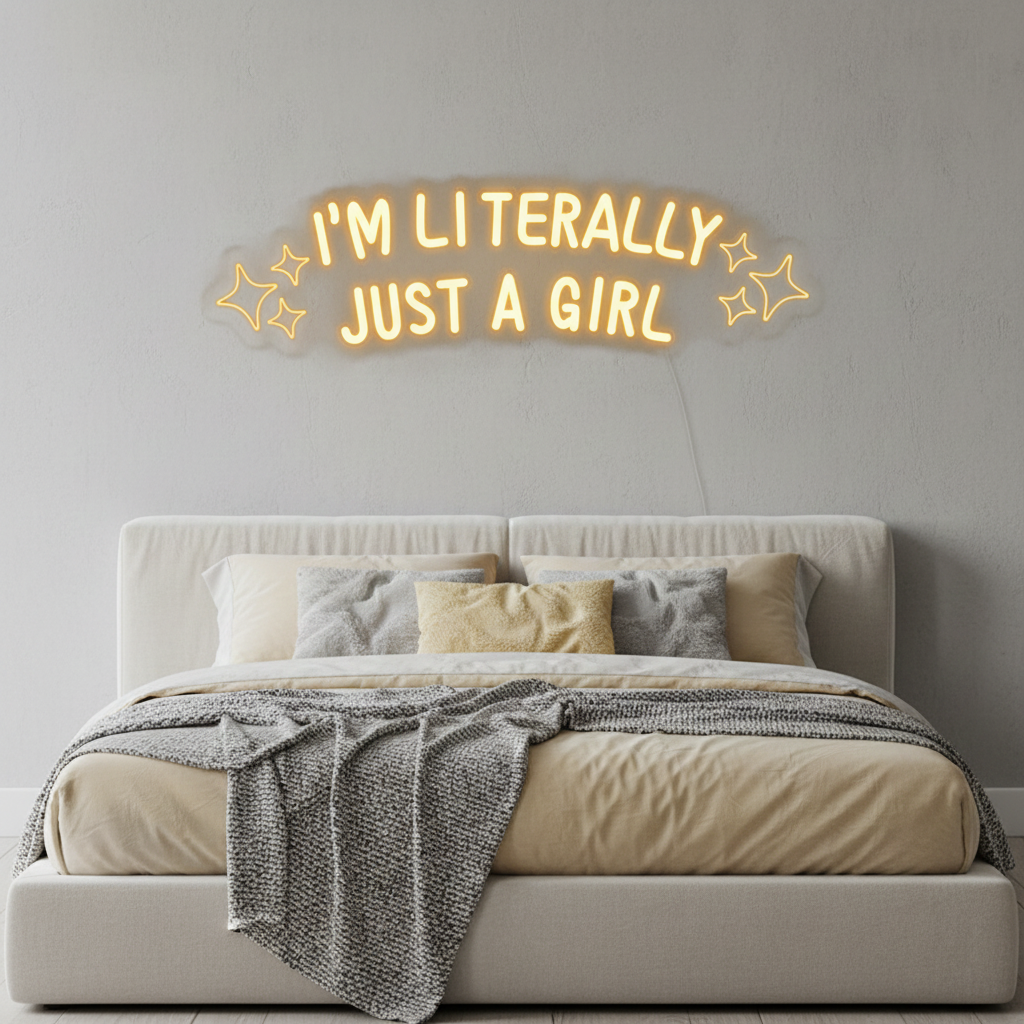 I'm Literally Just A Girl" LED Neon sign by LEDNeons  - glowing in playful script on a wall, adding a fun and confident vibe to the space.
