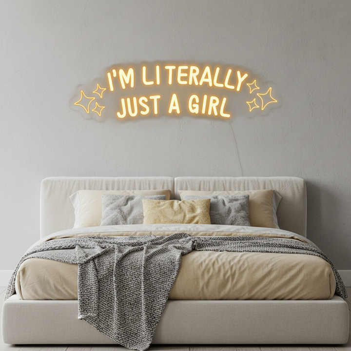 I'm Literally Just A Girl" LED Neon sign by LEDNeons  - glowing in playful script on a wall, adding a fun and confident vibe to the space.
