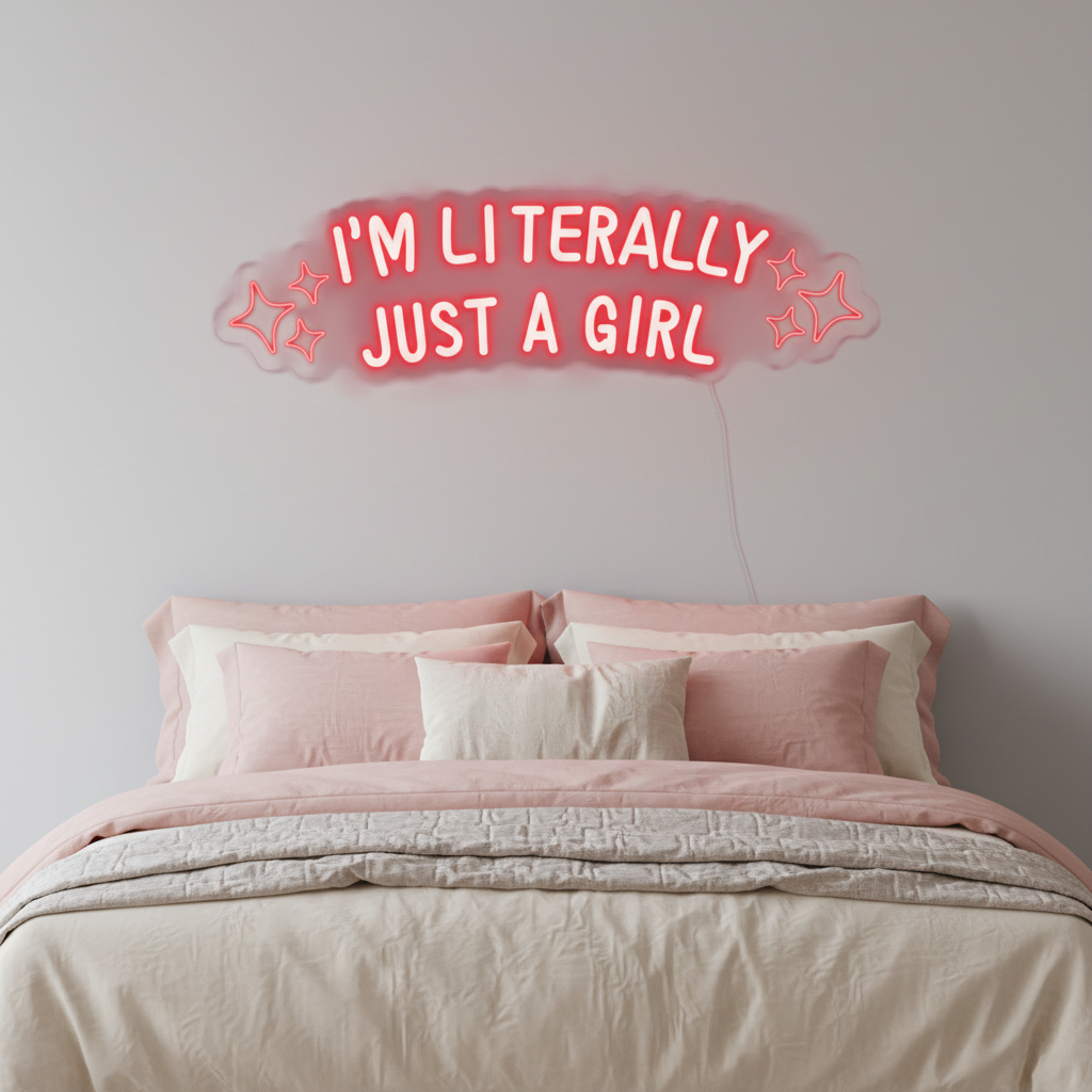 I'm Literally Just A Girl" LED Neon sign by LEDNeons  - glowing in playful script on a wall, adding a fun and confident vibe to the space.