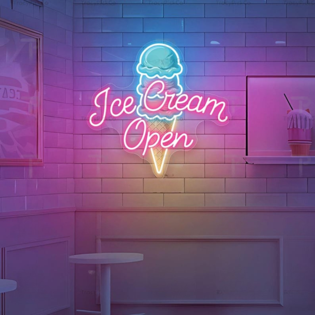 Ice Cream Open Business Neon Sign by LEDNeons -  Colorful LED Neon Sign glowing brightly to attract customers to ice cream shops 