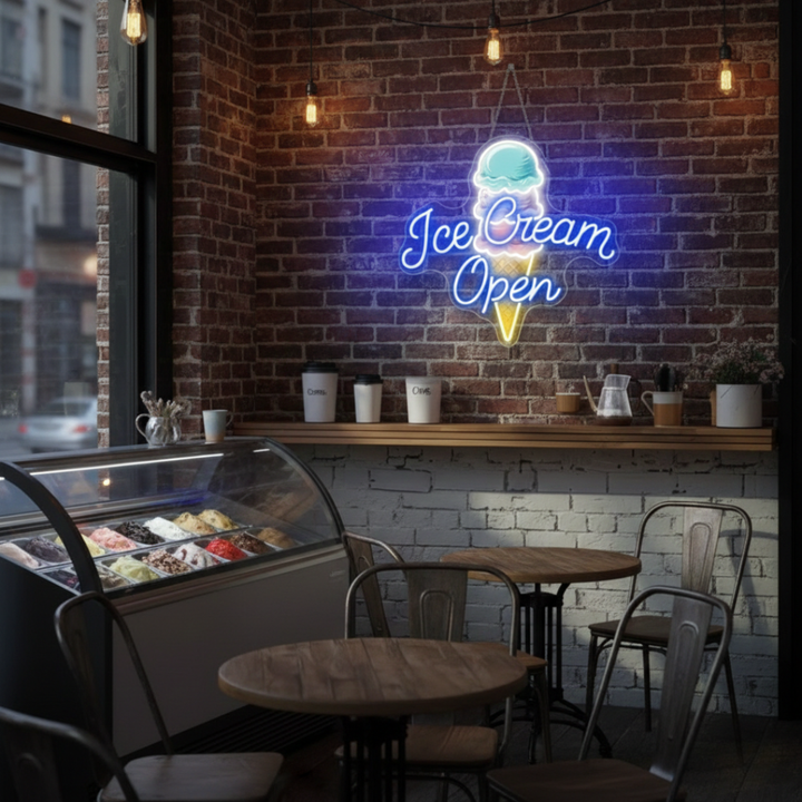 Ice Cream Open Business Neon Sign by LEDNeons -  Colorful LED Neon Sign glowing brightly to attract customers to ice cream shops 