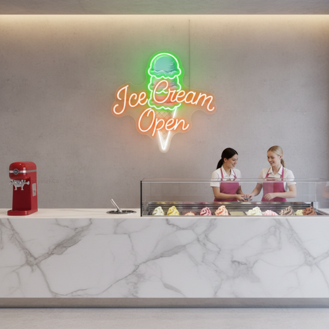 Ice Cream Open Business Neon Sign by LEDNeons -  Colorful LED Neon Sign glowing brightly to attract customers to ice cream shops 