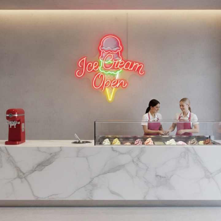 Ice Cream Open Business Neon Sign by LEDNeons -  Colorful LED Neon Sign glowing brightly to attract customers to ice cream shops 