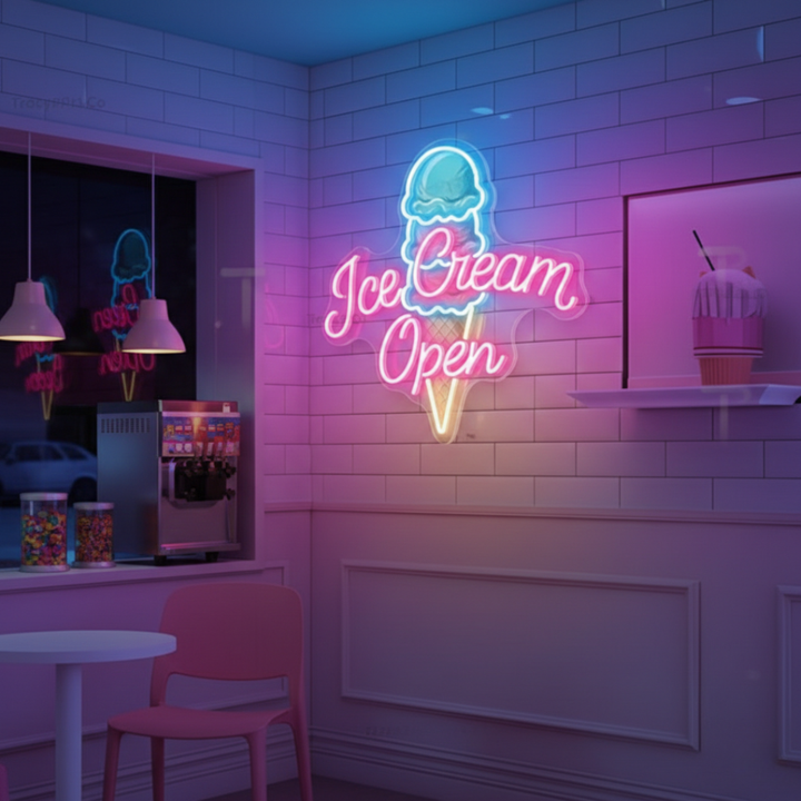 Ice Cream Open Business Neon Sign by LEDNeons -  Colorful LED Neon Sign glowing brightly to attract customers to ice cream shops 